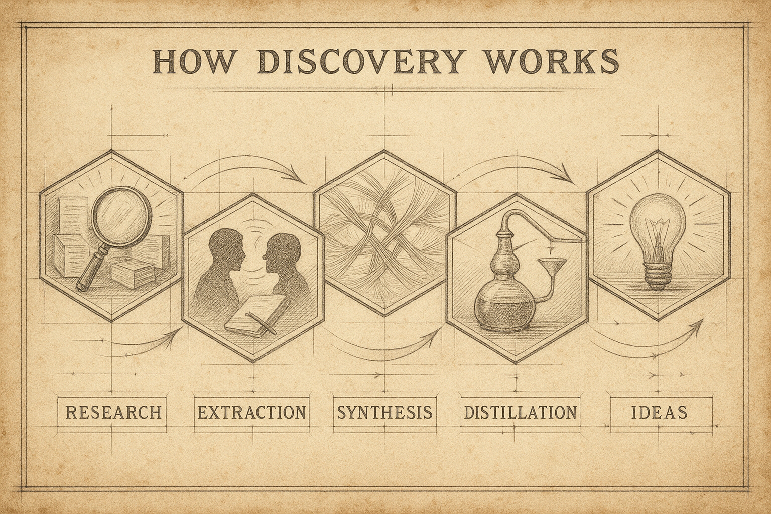 Five-stage Discovery process: Research, Extraction, Synthesis, Distillation, Ideas. Flowing left to right with connections between stages.
