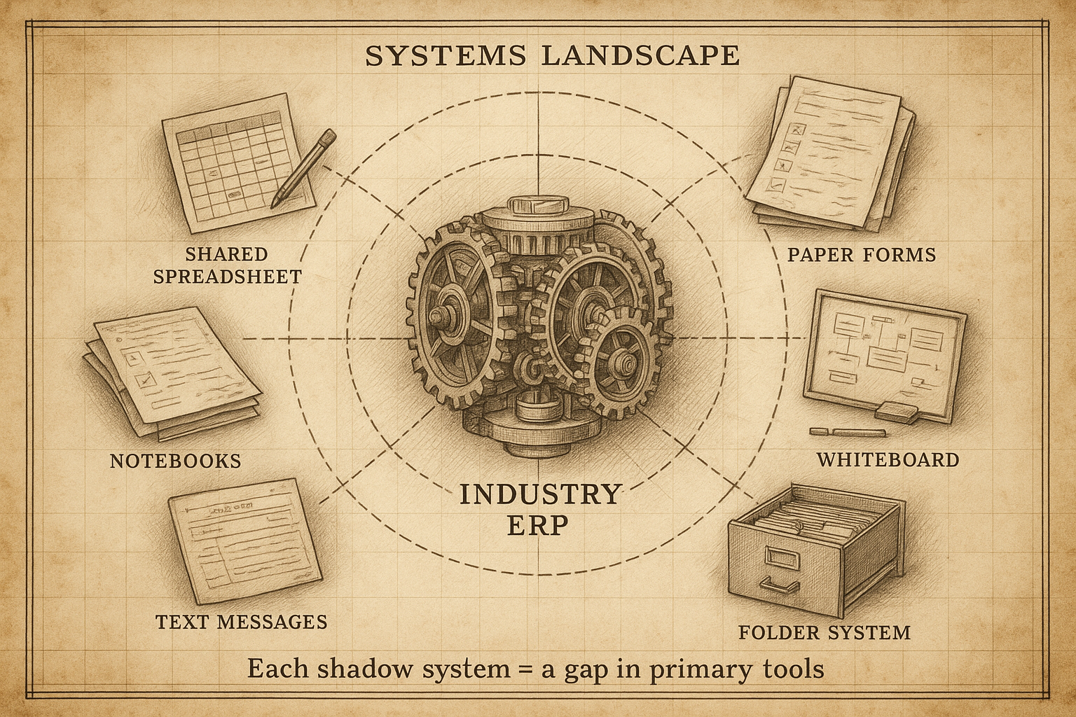 Primary ERP at center with six shadow systems orbiting around it: shared spreadsheet, paper forms, notebooks, whiteboard, text messages, folder system. Each connected by dashed lines.